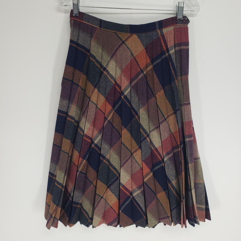 Vintage Plaid Pleated Midi Skirt Women Size Small Navy Blue Dark Academia Fall
